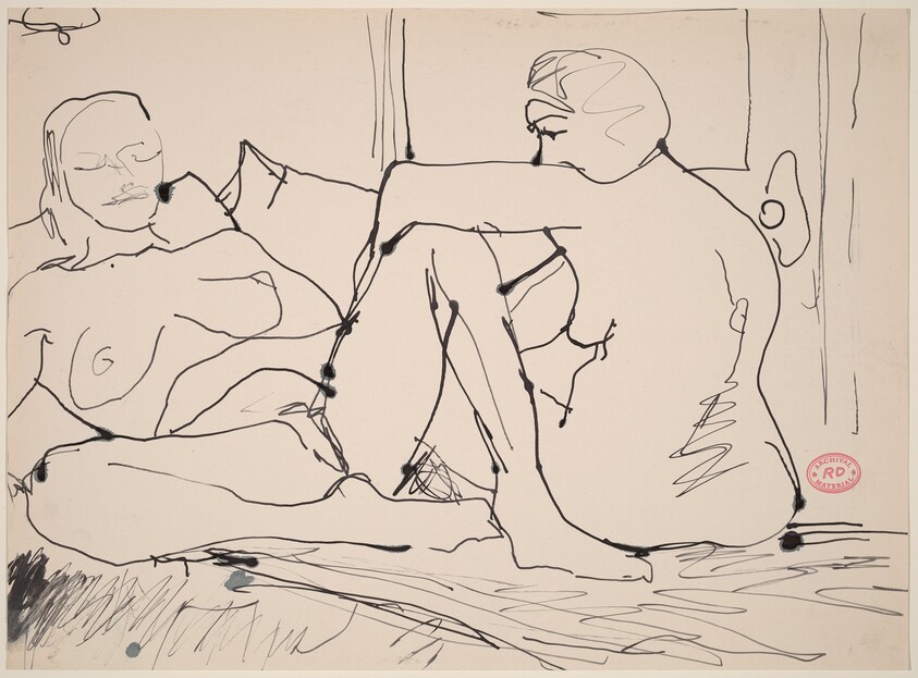 Untitled [female nude resting her arm on another's knee]