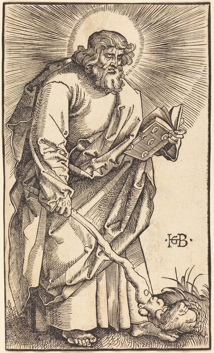 The image shows a bearded, elderly man standing with a slight bend. He holds an open book in his left hand and a staff in his right hand, which touches a serpent. He has distinct facial features and long, wavy hair and is wearing a full robe. His feet are visible, and he has a halo around his head with outward lines. In the lower right corner, there is a patch of grass and two serpents. The background is plain, with the initials "HGB" on the right.
