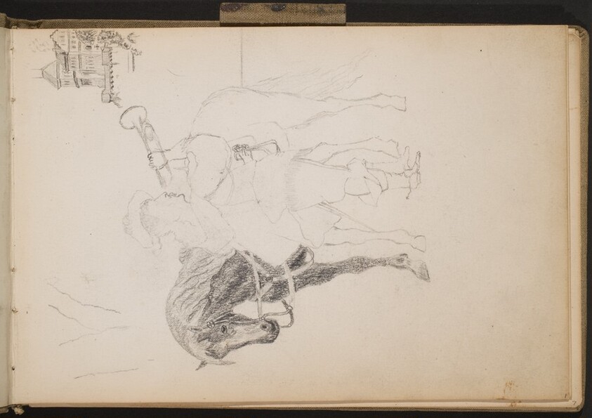 Mittelalterlich gekleideter Mann, Trompete blasend mit Pferd (Medieval Trumpeter by His Horse) [p. 1]