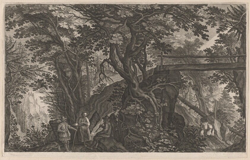 Travelers Resting in a Mountain Forest by a Log Bridge