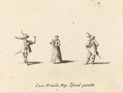 “Lady with Wine Bottle, and Two Gentlemen”. This is an image of three figures standing in a line.