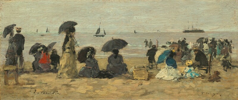 A row of about a dozen men and women sit, stand, or stroll along a sandy beach beneath a pale blue sky in this horizontal landscape painting. The scene is loosely painted so many of the facial features and other details are indistinct. The women wear dresses with long sleeves and skirts in shades of charcoal gray, parchment brown, vivid red, sapphire blue, or white. Five of them shade themselves with black parasols, and a woman to the right uses a white parasol with a topaz-blue interior. The men wear dark suits and straw-yellow hats. Another group of people clustered closer to the water to the right are even more loosely painted. A few people seem to wade out into the water, and dark smudges near the horizon suggest sailboats and one steamer. The horizon comes about two-thirds of the way up this composition, and the water and sky are similar tones of muted, ice blue. The artist signed the lower left corner, “E. Boudin.”