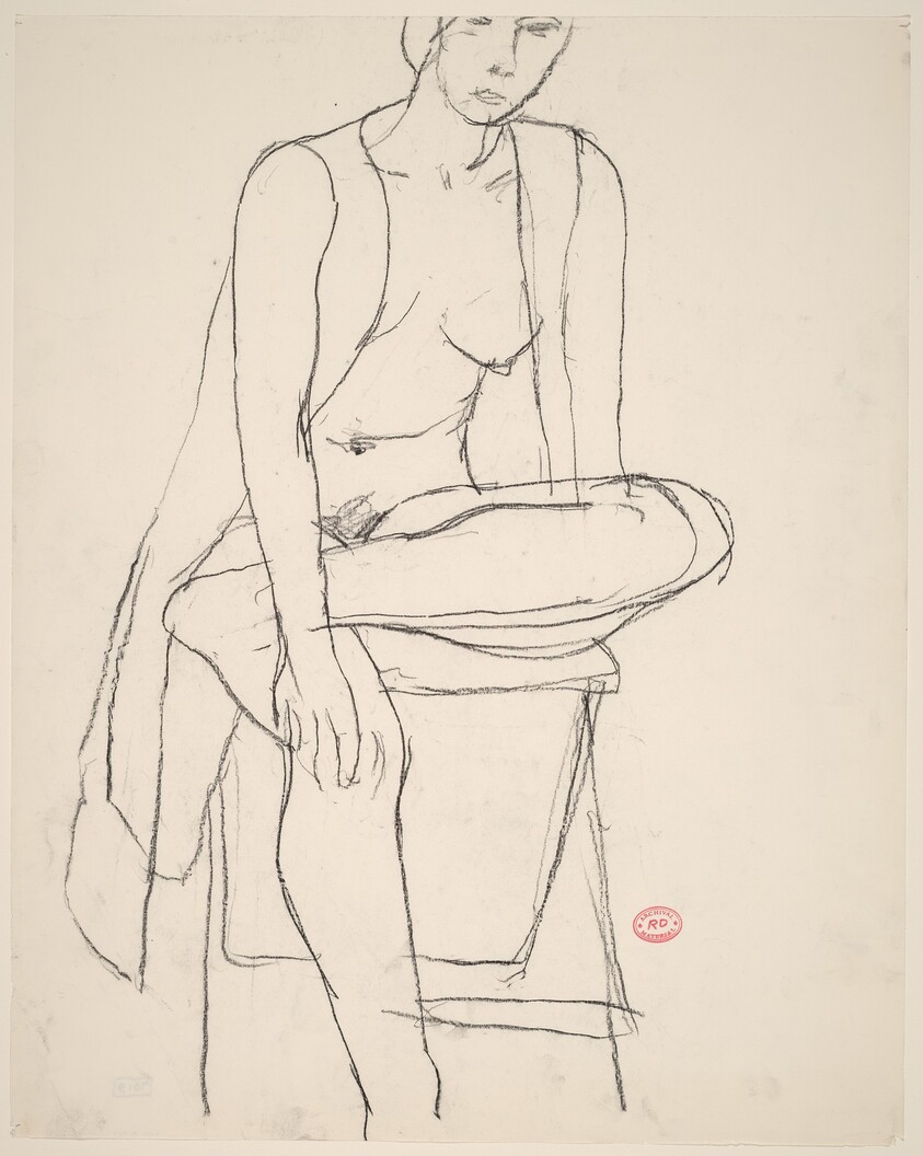 Untitled [seated nude with her shirt open crossing her leg]