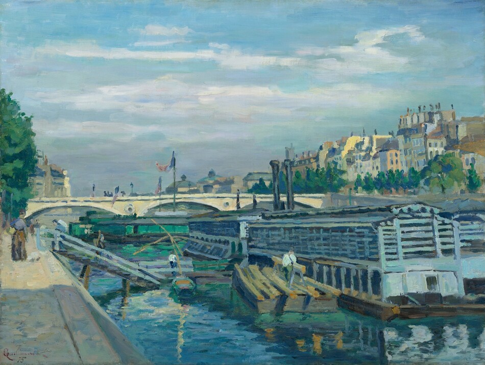 This painting shows a riverside with a cream-colored bridge cutting horizontally across the scene in front of a bustling city. The bridge is decorated with flags that have stripes of red, white, and blue. Closest to us, at the bottom of the painting, large white barges are moored on the reflective blue river, with small people in white shirts floating nearby on wooden platforms. On the left, a pale gray path stretches along the side of the river, with some pedestrians walking on it. In the distance on the right, tall buildings are visible in shades of yellow, blue, peach, and cream. They have pointed roofs with many dark chimneys sticking up into the air. The sky above is blue and full of soft white clouds. The brushstrokes in the painting are thick and visible, and details are suggested with dashes of paint, rather than illustrated clearly.