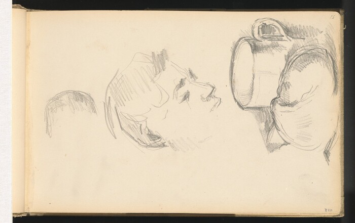 The sketch displays a partial view of a person's face and head in profile. The head is turned to the side, and the facial features are shown with simple lines. The person's hair is short, and the background is plain. The person appears to be facing a large cup-like object placed near their face. There are no additional objects or details depicted in the sketch.