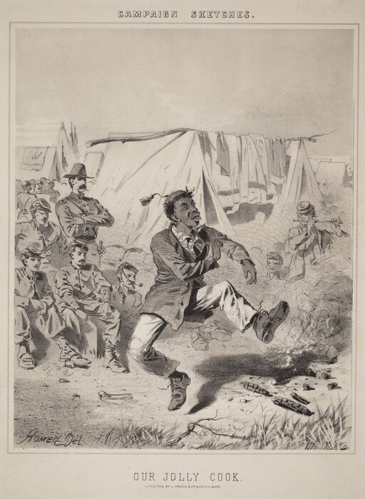 The image shows a man in a dynamic pose, holding an object in his hands. He is surrounded by other men who appear to be soldiers, some seated and others standing. The background includes tents and soldiers observing the scene. Smoke is visible near the ground.