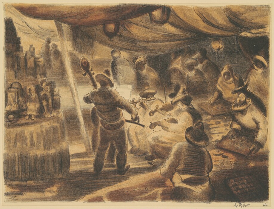 This is a drawing of a scene at a marketplace or fair under a large tent. The composition features figures engaged in musical performance and recreational activities. At the center, a group of musicians is seated in a semi-circle, with one playing a double bass and others playing violins. The figures wear wide-brimmed hats. More figures are engaged in games or conversations. On the left side, a table is decorated with various objects. The tent is illuminated by hanging lights, casting warm tones over the scene and creating shadows. The drawing captures a sense of community and shared enjoyment, portrayed through dynamic lines and a warm color palette of browns and ochres.