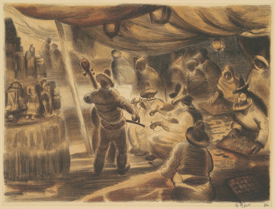 This is a drawing of a scene at a marketplace or fair under a large tent. The composition features figures engaged in musical performance and recreational activities. At the center, a group of musicians is seated in a semi-circle, with one playing a double bass and others playing violins. The figures wear wide-brimmed hats. More figures are engaged in games or conversations. On the left side, a table is decorated with various objects. The tent is illuminated by hanging lights, casting warm tones over the scene and creating shadows. The drawing captures a sense of community and shared enjoyment, portrayed through dynamic lines and a warm color palette of browns and ochres.