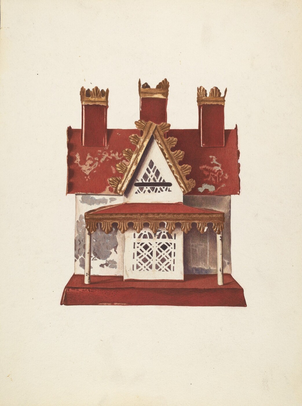 The image shows a model house with a red roof, gold trimming, two red chimneys, and a mostly white weathered facade. The color palette includes reds, golds, and whites. The house is positioned centrally, featuring a front view with a pointed roof, symmetrical chimneys, a detailed window, and a flat base.
