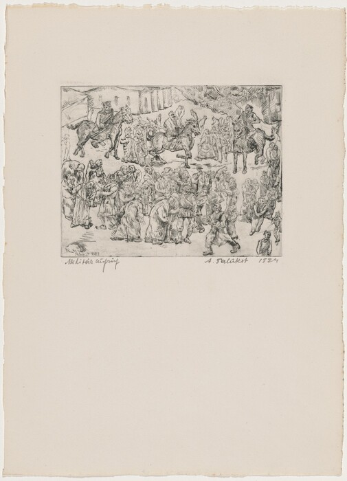 This is a drawing of a scene with a crowd and horse riders. The artwork features an assemblage of figures in a bustling gathering in an outdoor space. The composition includes horse riders surrounded by a group of individuals, conveying a dynamic atmosphere. The figures are intricately rendered, capturing movement and interaction among them. The setting appears to be historical or traditional, given the attire and the style in which the figures are drawn. Overall, the drawing uses detailed linework to create a vivid scene full of movement and life.