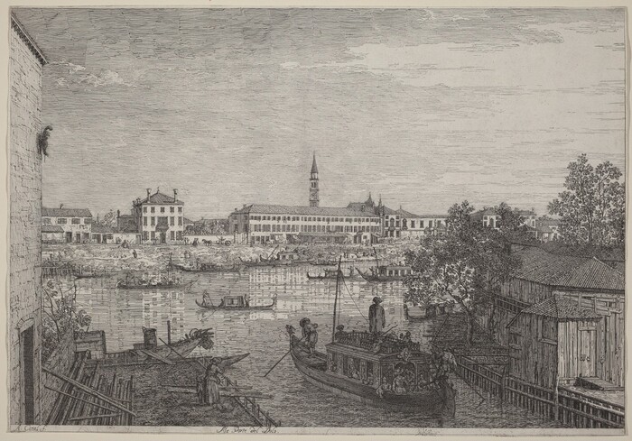 This image shows a riverside scene with a high horizon, rooftops, a tower in the distance, and a boat with people. The detailed etching features fine lines depicting architecture, water, and figures. A monochrome color palette of gray tones adds to the historical feel. Wooden buildings, trees, and more structures are visible in the background.