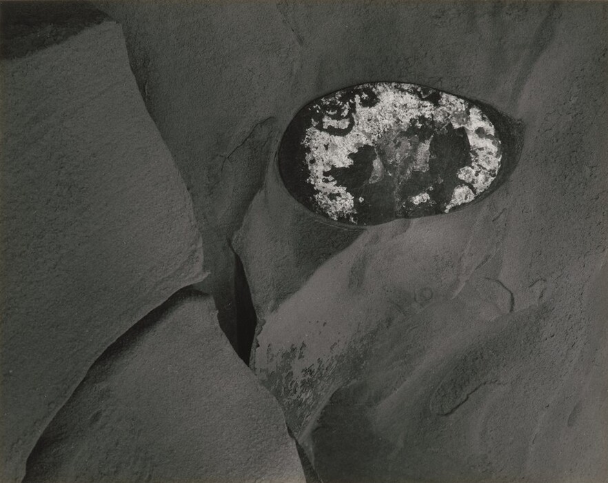 The image display fluid, irregular shapes creating an interplay of light and shadow. In the center, an abstract oval formation with a textured, patchy surface is present, surrounded by smooth, rounded surfaces resembling undulating curves.