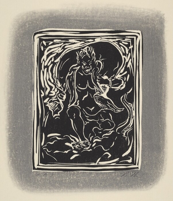 This is a drawing of an abstract figure enclosed in an ornate frame. The central figure has dramatic, flowing lines and is surrounded by swirling patterns. The drawing is rendered in stark black and white contrast, with a subtle gradient background.
