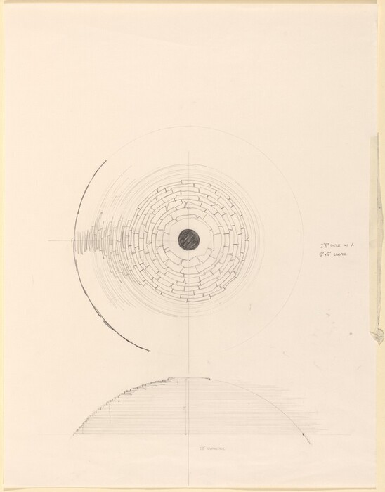 The image displays a large circular pattern with concentric rings expanding outward. At the center is a solid black circle, and within the design, various arcs and lines divide the space. The composition suggests a sense of complexity and patterns reminiscent of natural and artistic circular forms.
