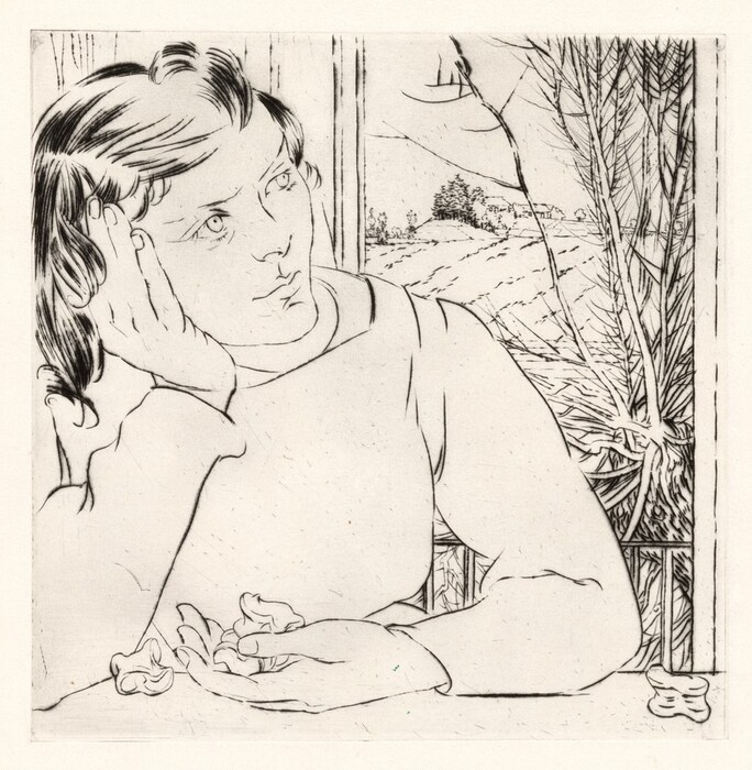 The image shows a person from the waist up, resting their head on their hand with a contemplative expression. The person is seated slightly turned to one side, gazing out of the frame with their chin on the palm of their hand and their elbow on a table. They have short, wavy hair. Their face has finely detailed eyes and lips. The person wears a plain, long-sleeved garment, and their free hand is on the table, holding crumpled papers, with more pieces scattered on the surface. Through a large window behind them is a view of a wintry landscape with leafless trees and a distant house.
