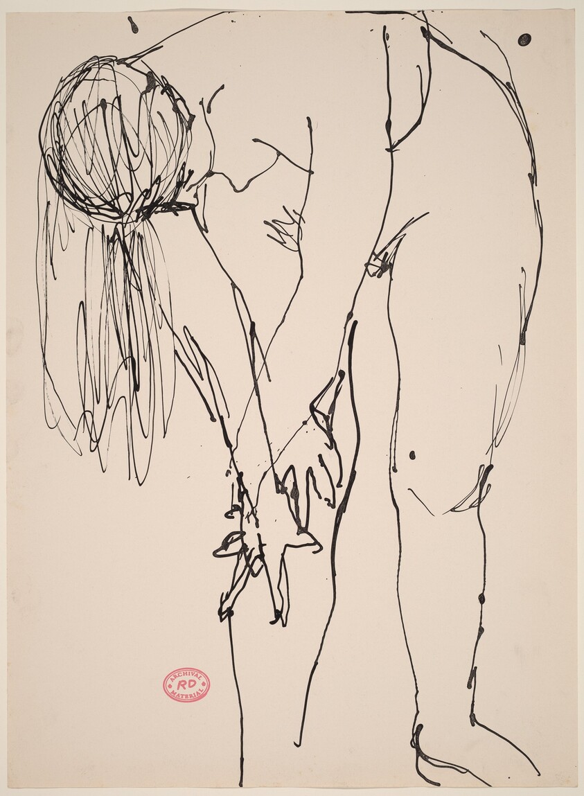Untitled [female nude bending over and holding right knee]