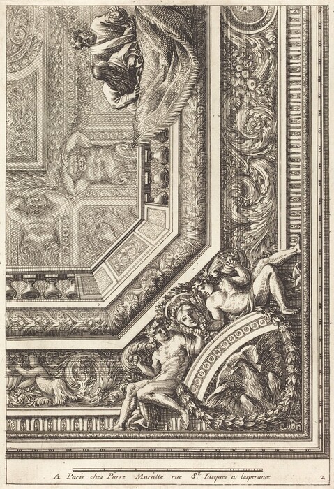 This is a drawing of an intricate architectural design. The image features a complex and ornate depiction of a corner section of a ceiling or wall. The drawing showcases architectural moldings adorned with swirling patterns and foliage. There are mythical figures integrated into the design, such as naked cherubic creatures and lions in relief. Decorative borders encompass the scene, with various shells, scrolls, and intricate textures.