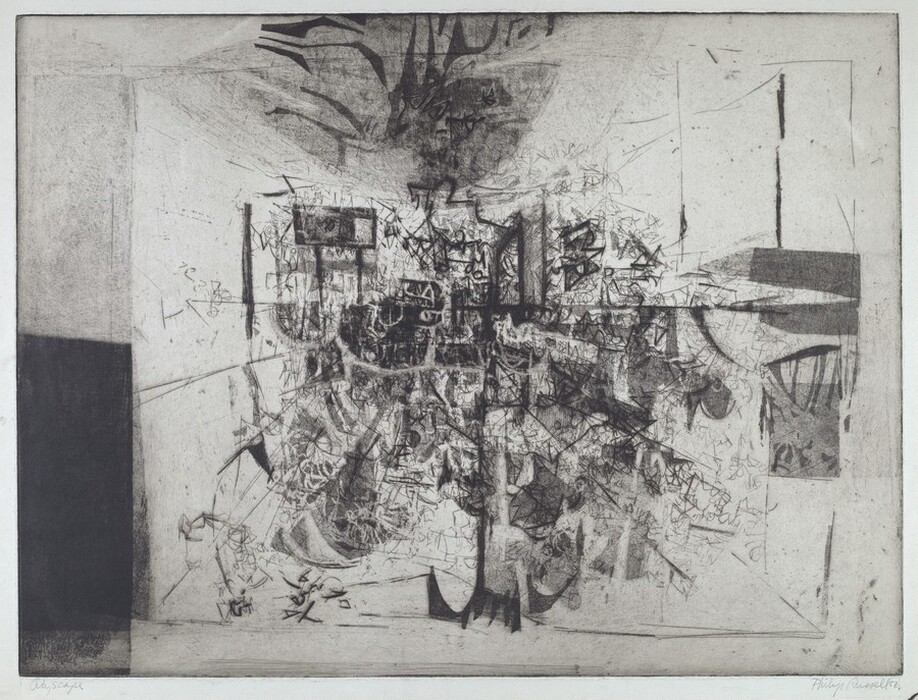 The image displays a complex composition of converging lines and shapes in an abstract style. Jagged lines and intersecting forms are arranged in a manner resembling a cityscape or network of pathways. The overall design evokes the visual complexity of urban structures or interconnected circuits, presenting a fragmented glimpse of structured chaos.