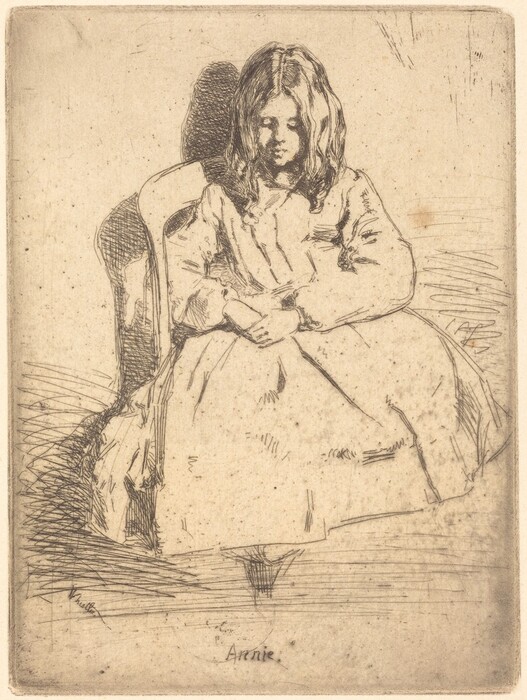 The image shows a person sitting in a chair, with a slight lean to one side. The person has long hair that is gently parted in the middle and falls over their shoulders. Their face is downcast. They are dressed in a simple, long-sleeved dress. Their hands are resting on their lap. The background is plain, possibly a textured surface.