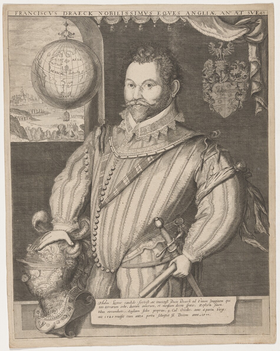 The image depicts a person with curly hair and a mustache dressed in Renaissance-style attire. They are posed facing forward with a composed expression, wearing a doublet with a ruffled lace collar, a chain, and a hand resting on a decorated helmet. A sword hangs from their belt. In the background is a hanging globe showing continents, a landscape with fields and a city, and an ornate coat of arms on the right.