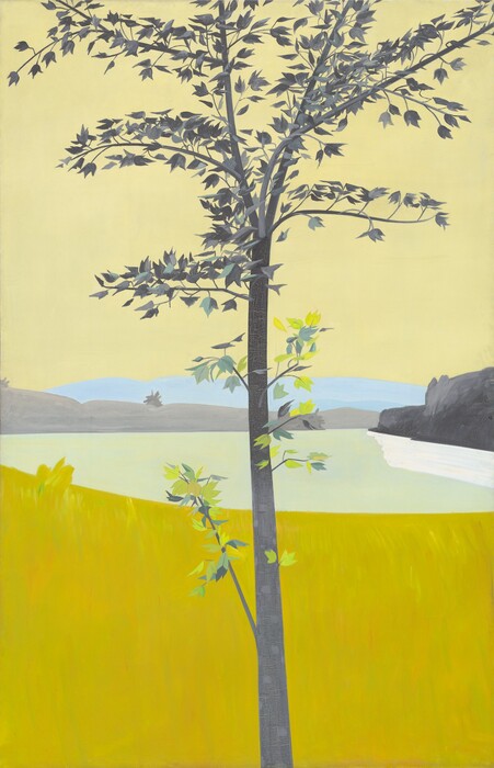 A single, slender tree vertically bisects a landscape painted in tones of cool yellow, green, and gray in this tall, stylized painting. The tree trunk is nickel gray and mostly straight until it branches into smaller limbs about two-thirds of the way up the composition. A few short branches with bright, celery- and sage-green leaves poke out of the main trunk but most of the foliage is above, where three-pointed, dark laurel-green and spruce-blue leaves line spindly branches in the top third. A harvest-toned, flax-yellow expanse fills the bottom third of the composition, suggesting a grassy field. A block of frosty mint-green beyond reads as a body of water. Charcoal-gray cliffs about halfway up the painting along the right edge reflect as white in the green pool, and pale-gray hills line the rest of the horizon. A narrow band of pale blue over the hills gives way abruptly to a flat, butter-yellow sky.