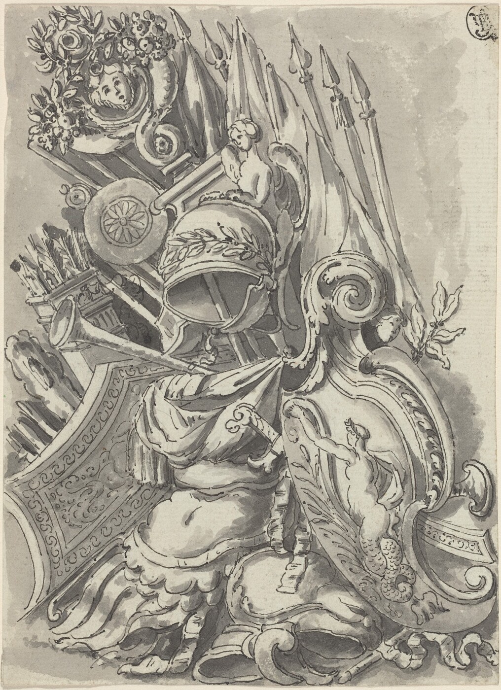 The image shows a collection of military armor and weaponry, including a helmet, shield, spears, and flags. The color palette is grayscale with blacks, whites, and various shades of gray. In the foreground, there is a detailed armor set. Spears and flags rise behind the helmet, and a large shield with intricate designs is in the lower right. A decorative drapery is in the center, with additional ornamental details like floral and animal motifs throughout.