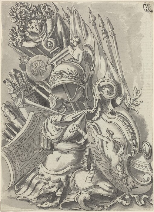 The image shows a collection of military armor and weaponry, including a helmet, shield, spears, and flags. The color palette is grayscale with blacks, whites, and various shades of gray. In the foreground, there is a detailed armor set. Spears and flags rise behind the helmet, and a large shield with intricate designs is in the lower right. A decorative drapery is in the center, with additional ornamental details like floral and animal motifs throughout.
