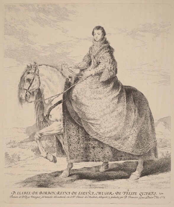 The image depicts a person seated on a horse in an empty landscape. The person is sitting upright on the horse, facing slightly to the right, with one hand raised as if holding the reins. The individual has prominent facial features, with a composed gaze and dark hair styled delicately. They are wearing an ornate, floor-length garment with intricate patterns and a high collar or wrap around the neck. The person is holding the reins of the horse, which is adorned with a decorated bridle. The horse is shown in an impressive stance, matching the dignity of its rider.