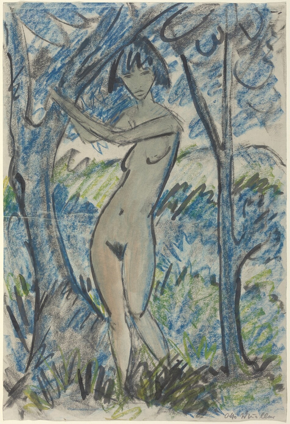 The image shows a person standing in a natural setting. The person is facing slightly to the side with one arm extended to touch a tree. The person's face is in a three-quarters view with short, dark hair. The person is not wearing clothing. The surrounding landscape includes trees, leaves, and grass in a bold, impressionistic style with shades of blue, green, and grey. The background features expressive lines and colors.