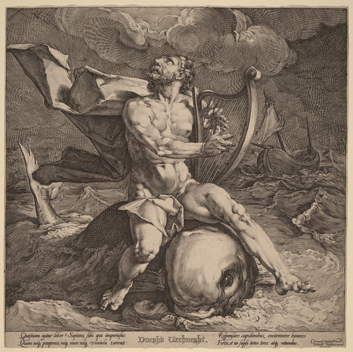This is a drawing depicting a figure seated on a large fish with a harp, surrounded by a turbulent sea. The central figure is detailed, with muscular features and a billowing cloak. The figure holds a harp in their left arm and gazes upwards. The waves around them are vigorous, conveying a stormy sea. In the background, a ship battles the waves. The artwork showcases detailed lines and crosshatching techniques, creating texture and depth.