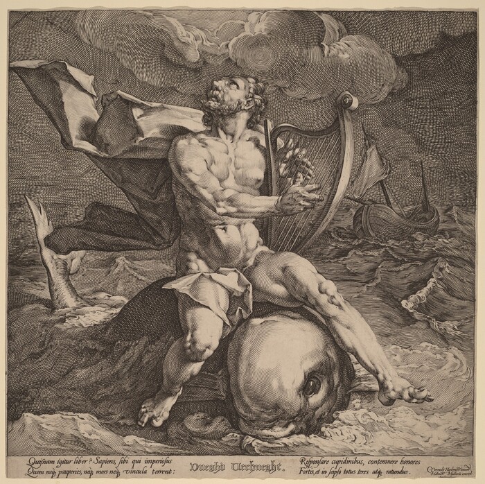 This is a drawing depicting a figure seated on a large fish with a harp, surrounded by a turbulent sea. The central figure is detailed, with muscular features and a billowing cloak. The figure holds a harp in their left arm and gazes upwards. The waves around them are vigorous, conveying a stormy sea. In the background, a ship battles the waves. The artwork showcases detailed lines and crosshatching techniques, creating texture and depth.