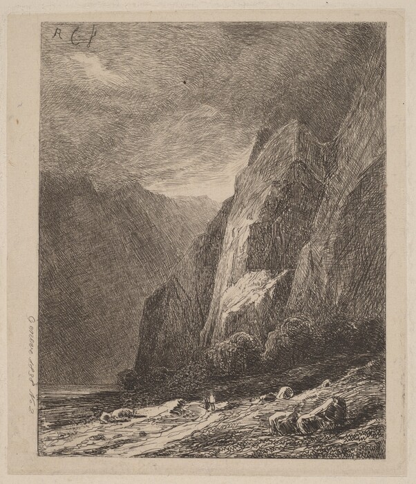 The image shows a low-angle perspective of towering cliffs on the right side. The horizon is positioned low in the composition, where the land meets the sky in the distance. The cliffs display intricate etching techniques, with fine, dense crosshatching creating a textured surface. The clouds in the sky are defined with swirling lines, suggesting movement. Rocks are scattered along a path leading further into the scene. The color palette is monochromatic, using shades of black and white to create contrast and highlight the landscape's details.