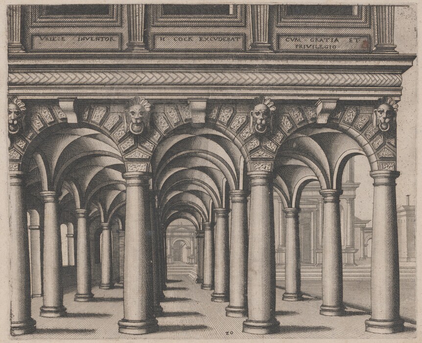 This is a drawing of an architectural scene. The image features a series of intricately designed arches supported by columns. The arches are decorated with geometric patterns and stylized lion heads at the peaks of each arch. The drawing demonstrates fine detail and precision, typical of architectural drafting, with a linear perspective that conveys depth and grandeur.
