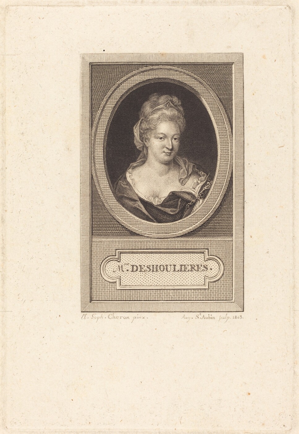 This is an engraved portrait of a woman named Mademoiselle Deshoulieres. She is depicted facing forward with a slight turn of her head. Her facial features include a gentle smile, high cheekbones, and a softly defined chin. Her hair is styled in an elaborate updo with curls and is adorned with a decorative headpiece. She is dressed in an elegant garment with a low neckline and draped shawl. There are no visible jewelry. The frame around the portrait has a lined pattern and an ornate plaque displaying her name. The background is simple and unadorned.