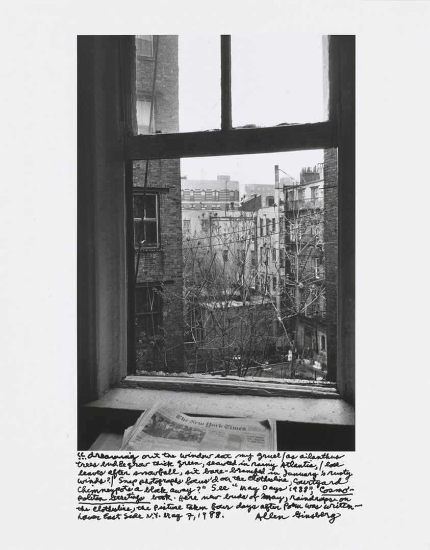 “. . . dreaming out the window eat my gruel / as ailanthus trees bud & grow thick green, seaweed in rainy Atlantis, / lose leaves after snowfall, sit bare branched in January’s rusty winds? / Snap photographs focus’d on the clothesline, courtyard chimneypots a block away?” See “May Days 1988,” _Cosmopolitan Greetings_ book. Here new buds of May, raindrops on the clothesline, the picture taken four days after poem was written — Lower East Side N.Y. May 7, 1988.