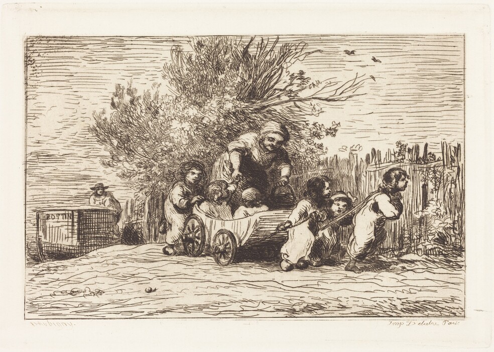 This is a drawing of a group of figures engaged with a cart in an outdoor setting. These figures are moving the cart, which is laden and seems difficult to maneuver. The setting is rural, with natural elements like a large bush or tree to the right and a wooden fence in the background. On the left, there's a large container marked 'RÔTIS' and another distant figure. The sky is lightly sketched in. The drawing style is detailed line work, capturing a lively everyday moment.