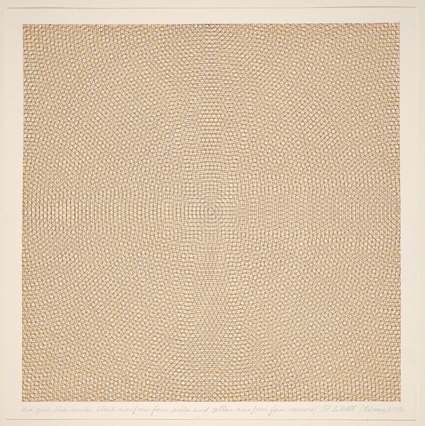 Red Grid, Blue Circles, Black Arcs from Four Sides and Yellow Arcs from Four Corners