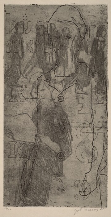 This abstract composition features intersecting lines and shapes outlining a figure that resembles a woman in a coat. The image is surrounded by letterforms and symbols, with the letters 'K' and other alphabetic elements present throughout. The piece merges human and typographic forms, combining language and human likeness.