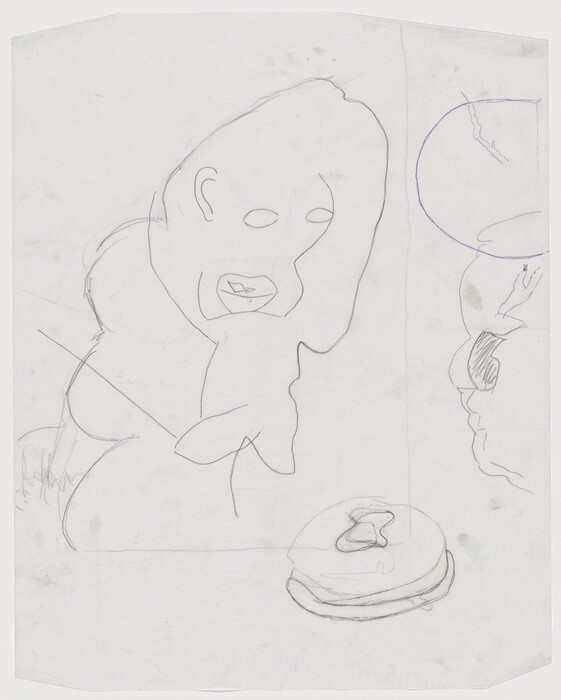 The image features thin intersecting lines and rounded shapes on a white background. The lines create a humanoid figure with an elongated head and simple facial features, a large circular form resembling a balloon or planet, and a stack of layered circular shapes resembling a sandwich or burger. The composition creates an abstract portrayal with minimalistic and suggestive outlines.