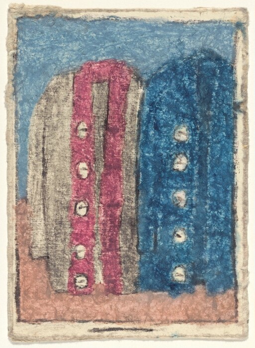 The image depicts an abstract arrangement of vertical and curved shapes in various colors. Two large forms resembling coats or jackets are featured, one in gray and pink tones and the other in blue, each adorned with circular shapes resembling buttons. The background consists of muted colors, primarily blue and brown, creating an abstract representation of hanging clothing items.
