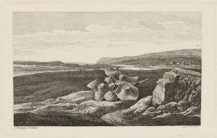 The image shows a landscape with a river winding through it, hills in the distance, a horizon midway up the image, and a sky meeting the terrain. The artwork is composed of fine lines creating texture and depth. Closest to us are round shapes resembling bundles or sacks and a stick or staff. Further away, figures are by the river. The scene transitions from dark grass to lighter marks toward the sky, forming a monochromatic color palette.