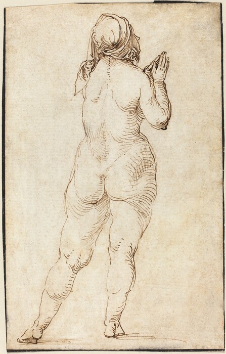 Drawn with brown ink on tan paper, a nude woman stands with her back to us, looking up and to our right with her hands together in prayer on this vertical sheet. Taking up most of the composition, she stands with her weight on her right foot and her left foot extended behind her and to the side. A scarf wraps around her hair and one end trails down her left shoulder. The edge of her right cheek and the tip of her nose are visible. Thin strokes outline the ample contours of her body and loose, parallel, curved strokes are used to create shadows on her arms, back, and legs. Tightly packed lines create darker shadows on her face.
