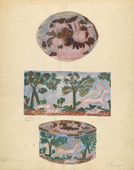 The image shows three objects: two rectangular scenes of a forested landscape with a white deer, and an oval basket or dish of fruit above. The top oval object contains fruits in shades of brown, orange, and hints of pink, set against light and dark green foliage. The central rectangular object features leafy green trees and a leaping white deer in an earthy landscape. Below, a cylindrical object wraps a similar tree and deer scene around its form, likely a decorative container. The color palette includes soft blues, greens, browns, and creams, with touches of pink and orange. The oval fruit basket is at the top, the forested scene is centrally placed, and the cylindrical depiction is at the bottom, positioned vertically.