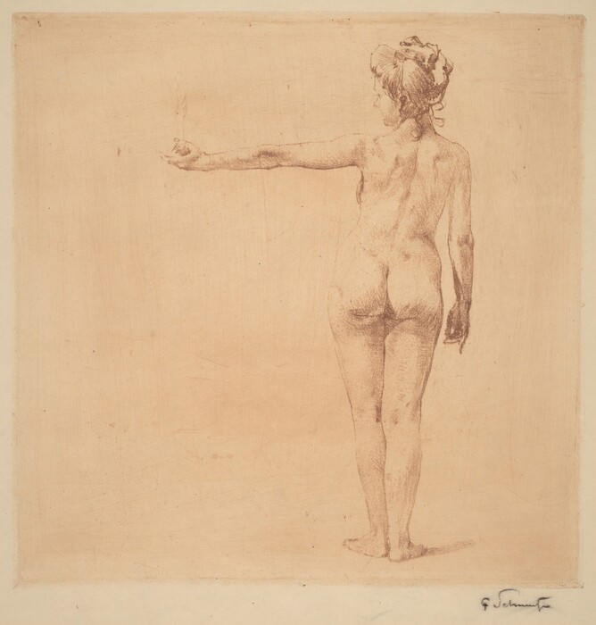The image shows a full-body sketch of a standing person in a relaxed pose. The person faces away from the viewer, showing the back of their body. The right arm is extended to the side, and the left arm hangs down. The head is slightly turned to the right. The person has an updo hairstyle. The figure is nude. The sketch is on a plain background with no surrounding objects. The image has a sepia-toned appearance.