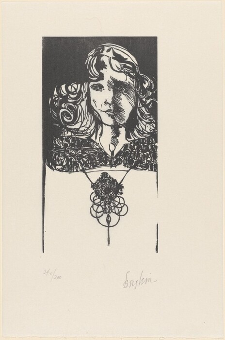 The image is a black and white print showing the upper torso of a person, including their head and part of their shoulders. The individual is facing forward with a slight tilt. Facial features such as eyes, nose, and a small closed mouth are drawn with bold lines. They have medium-length, wavy hair and are wearing a garment with a decorative neckline. Around their neck, they wear a piece of intricate jewelry with loops and a central pendant. The background is a solid dark color. The artwork is signed by the artist at the bottom.