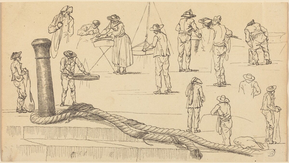 Quayside Figures and a Length of Rope Attached to a Bollard