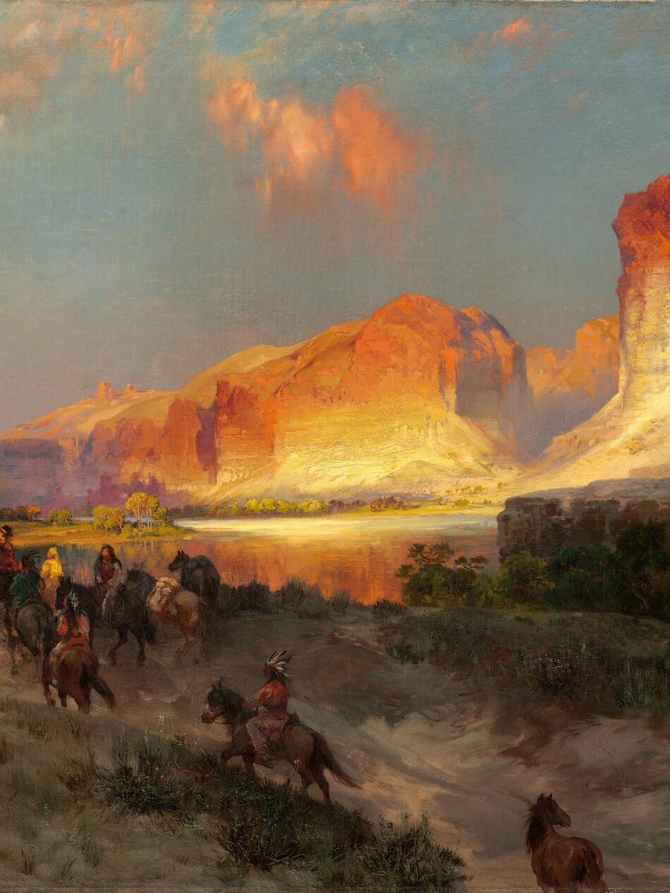 Sheer, vertical, cliffs, brightly lit in cream white and rust orange by the low sun, tower over a band of people riding horses into the distance in this long, horizontal landscape painting. The glowing cliffs dominate the upper right quadrant of the painting. They lighten from burnt orange along the jagged tops to flame orange down the steep sides, and are and warm, parchment white near the earth. One tall, narrow promontory to our right looms over a range of lower, rounded cliffs. As the cliffs move into the distance, they are shrouded with a lavender-purple haze. The land closest to us dips into a shallow valley at the bottom center of the composition, leading away from us. The dirt-packed earth is dotted with pine-green, scrubby bushes and vegetation and a grove of low, gnarled trees a short distance to our right. One chestnut-brown horse walks along the path at the bottom center of the composition, lagging behind a cluster of at least two dozen horses and riders winding into the distance. The horses range from ivory white to tawny brown and charcoal gray. The riders are loosely painted so some details are indistinct, but they all seem to have brown skin and dark hair. They wear feathered headdresses and garments in teal blue, fawn brown, or golden yellow. They ride over a low hill toward a crystal-blue river, and then back along a flat expanse toward a row of minuscule, triangular tepees lining the horizon in the deep distance. The horizon comes halfway up the composition, and the tepees are backed by a row of rose-pink, flat-topped cliffs. A pale yellow disk hangs low in the sky, over the distant cliffs. The sky above deepens from soft, lilac purple along the horizon to ice and sapphire blue along the top. A few wispy clouds are burnished orange in the sunlight. The artist signed and dated the painting in the lower right corner, “TYMoran 1881,” with the T, Y, and M overlapping to make a monogram.