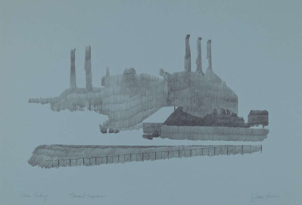 The image shows vertical and horizontal lines forming an abstract silhouette against a pale blue background. The lines create shapes resembling industrial structures like smokestacks and factory buildings. The layers of lines give a sense of depth, evoking a factory complex with chimneys and rooftops.