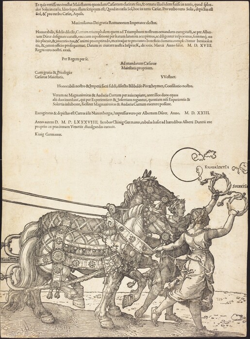 This is a drawing of a scene featuring a chariot drawn by horses. The image shows a detailed illustration of a chariot group on the bottom portion, with richly adorned horses being led. Around the drawing, especially in the upper half, there is heavy text content in Latin. The horses are detailed with ornate harnesses and manes, and the presence of two figures holding wreaths titled "Experientia" and "Solertia" suggests symbolic representation of Experience and Virtue. The overall style and execution bear characteristics of a high Renaissance or classical woodcut engraving.