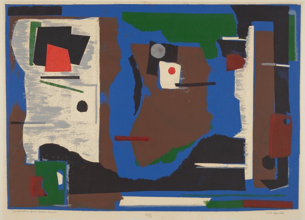 The image displays geometric shapes and bold lines in a dynamic composition. Various square and rectangular forms, along with black and red angled lines, are shown on a blue and brown background. A red trapezoid and a white circle overlapping a black square are featured. Green patches are also visible. The overall layout of shapes suggests an abstract landscape or cityscape.